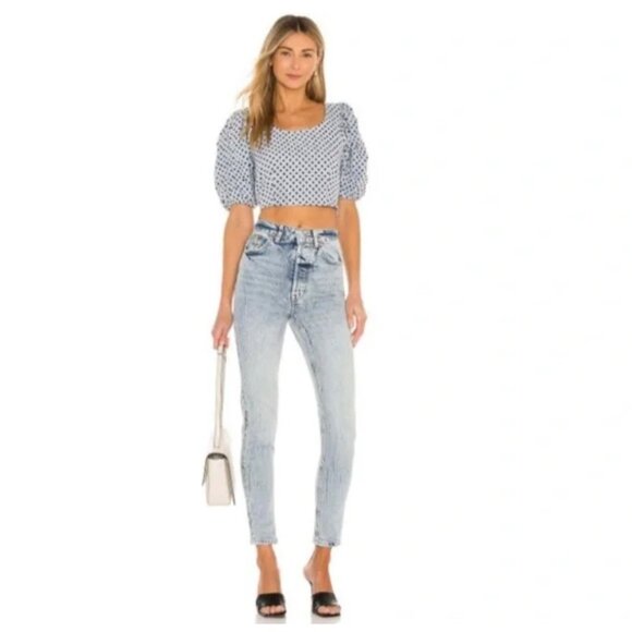 NWT Free People Ultra High Waist Washed Blue Denim Tapered Leg Mom Jeans - Picture 7 of 14